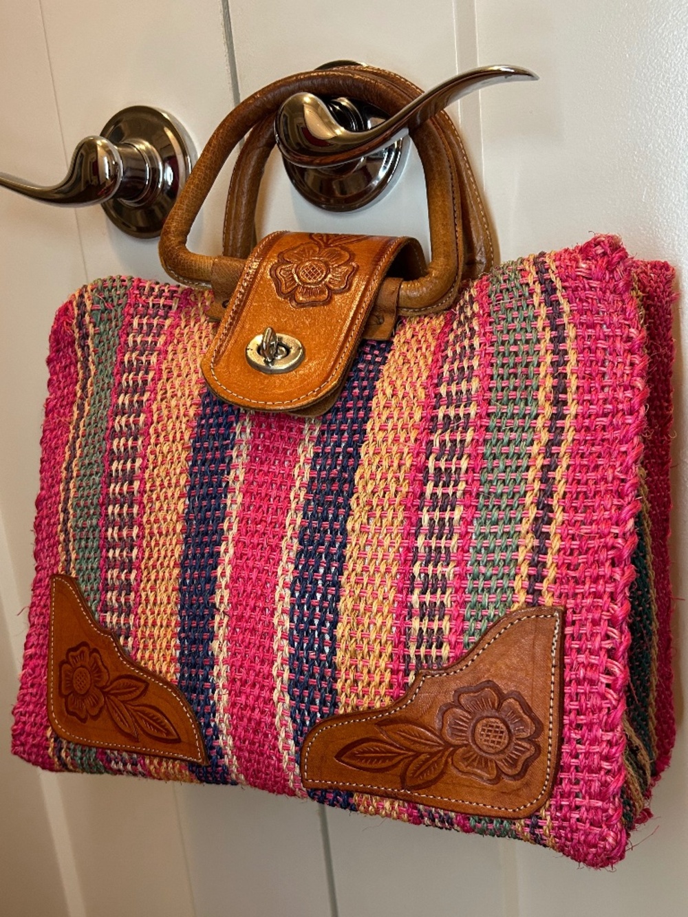 Vintage Raggaza Leather Colorful Striped Woven Bag